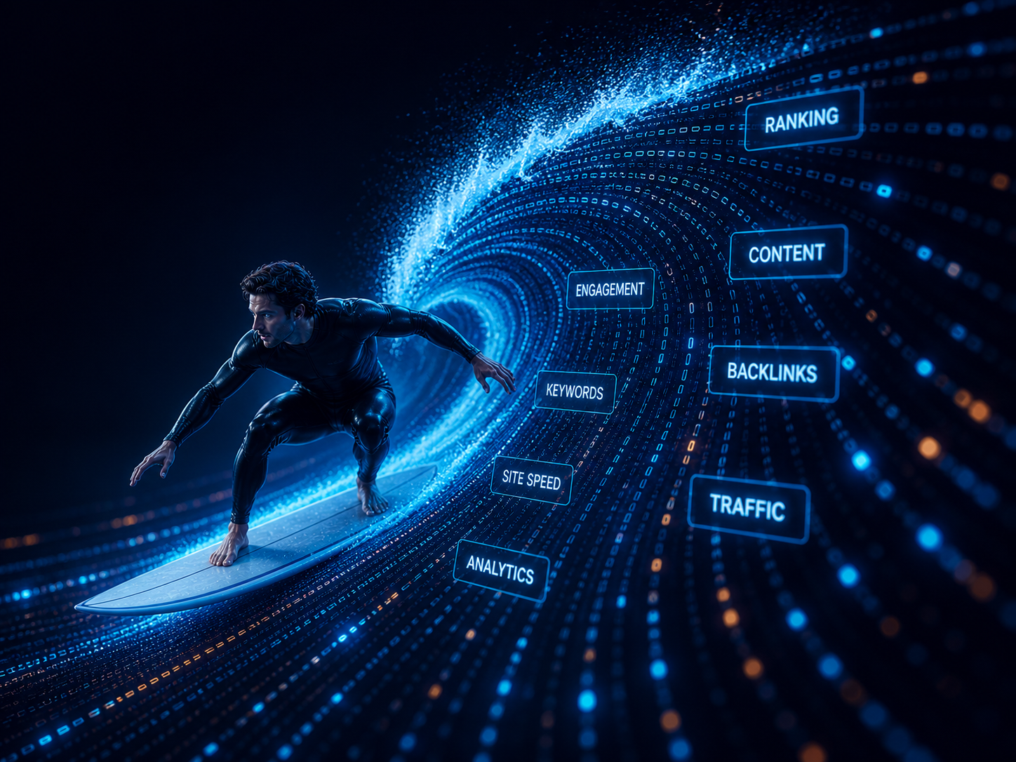 Digital wave rider in futuristic code