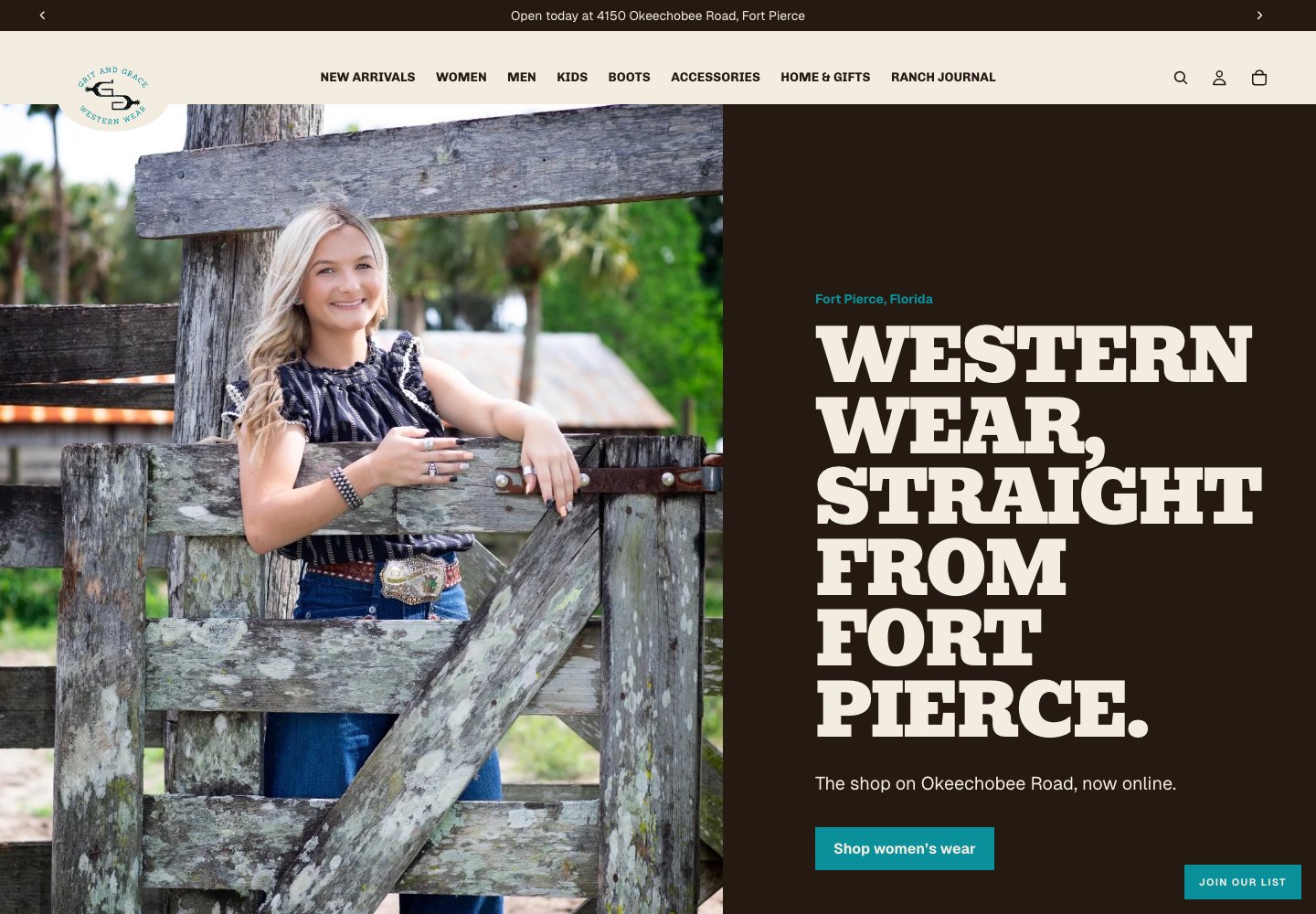 Grit and Grace Western Wear storefront with ranch photography, product navigation, and a shopping call to action