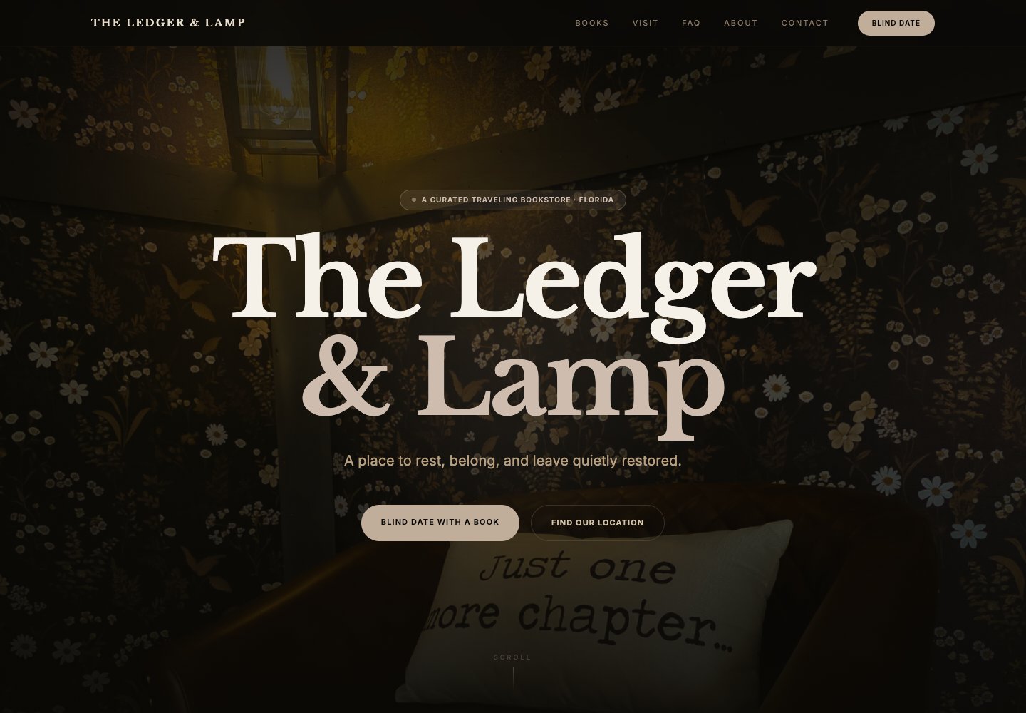 The Ledger and Lamp website with warm bookstore photography, large editorial type, and links to its books and locations