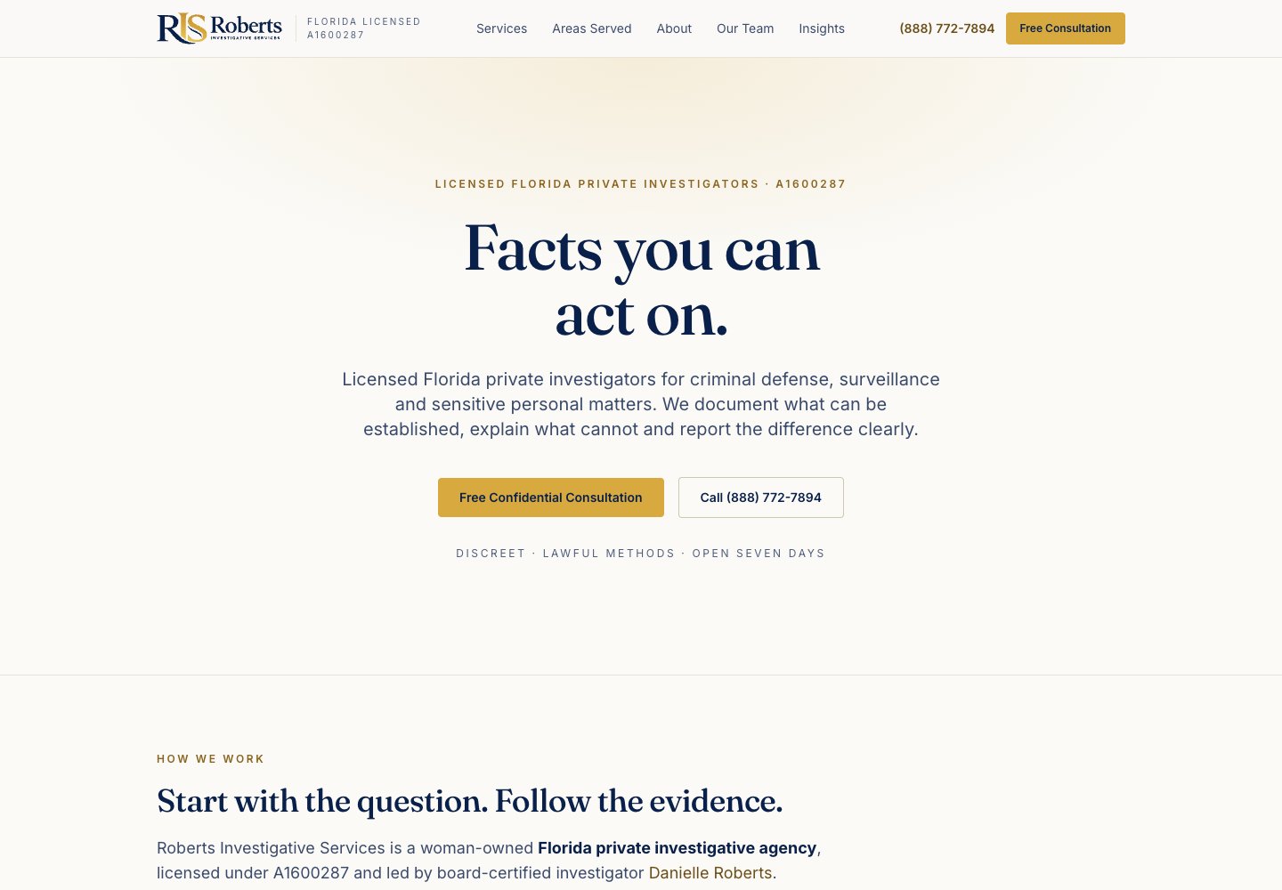 Roberts Investigative Services homepage with navy and gold branding, service information, and consultation links