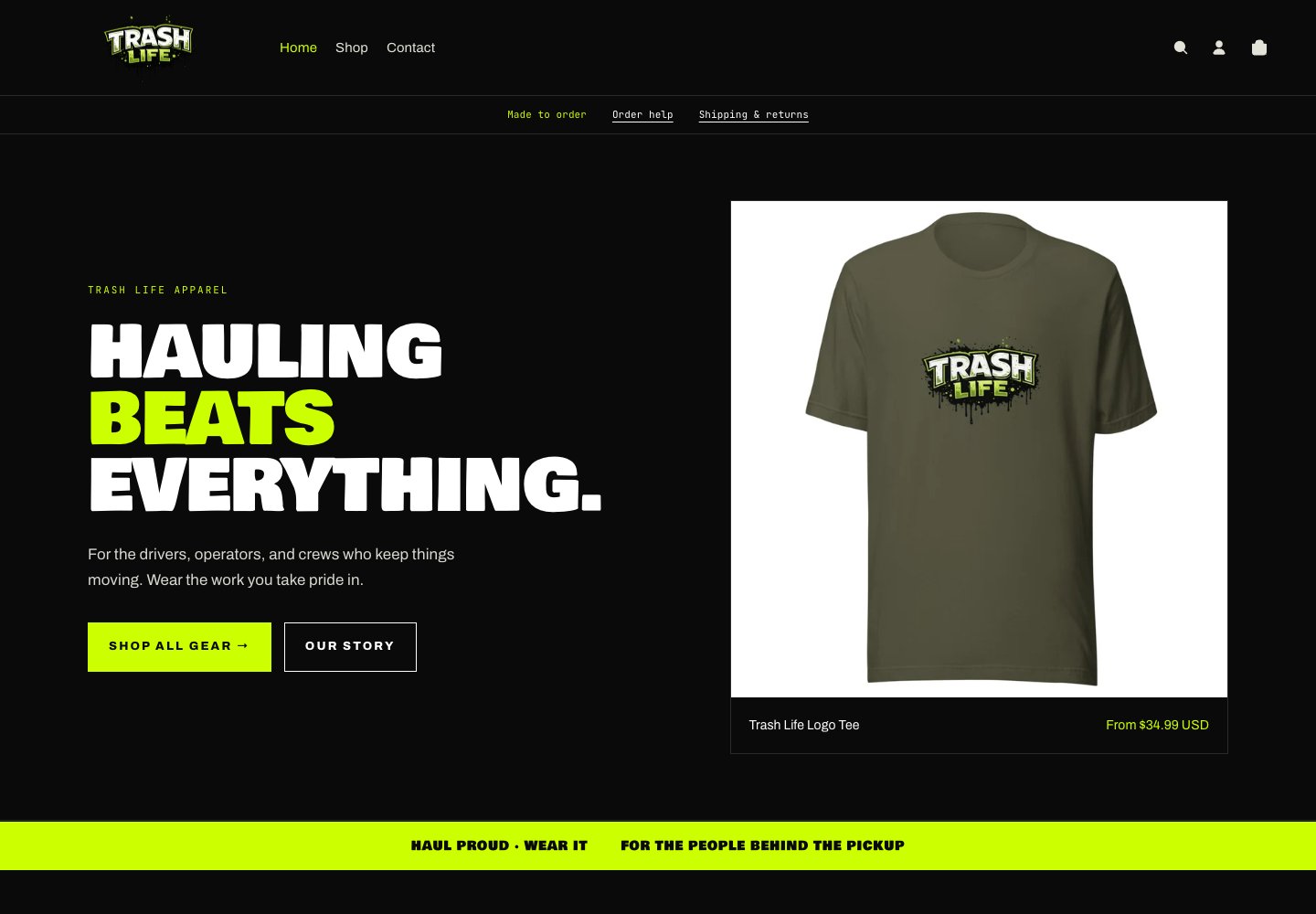 Trash Life storefront with a black and lime design, apparel, and a Shop All Gear button