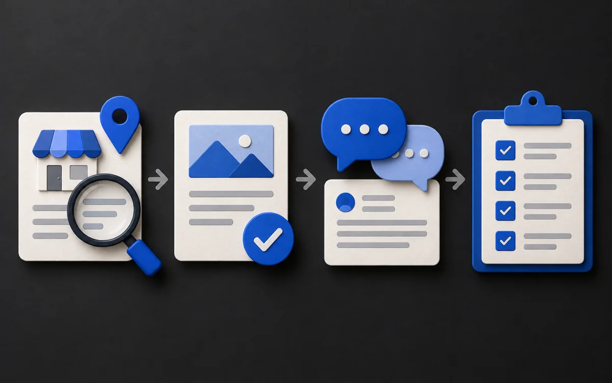 Illustrated workflow showing a profile check, an approved update, a review reply, and a completed-work report.