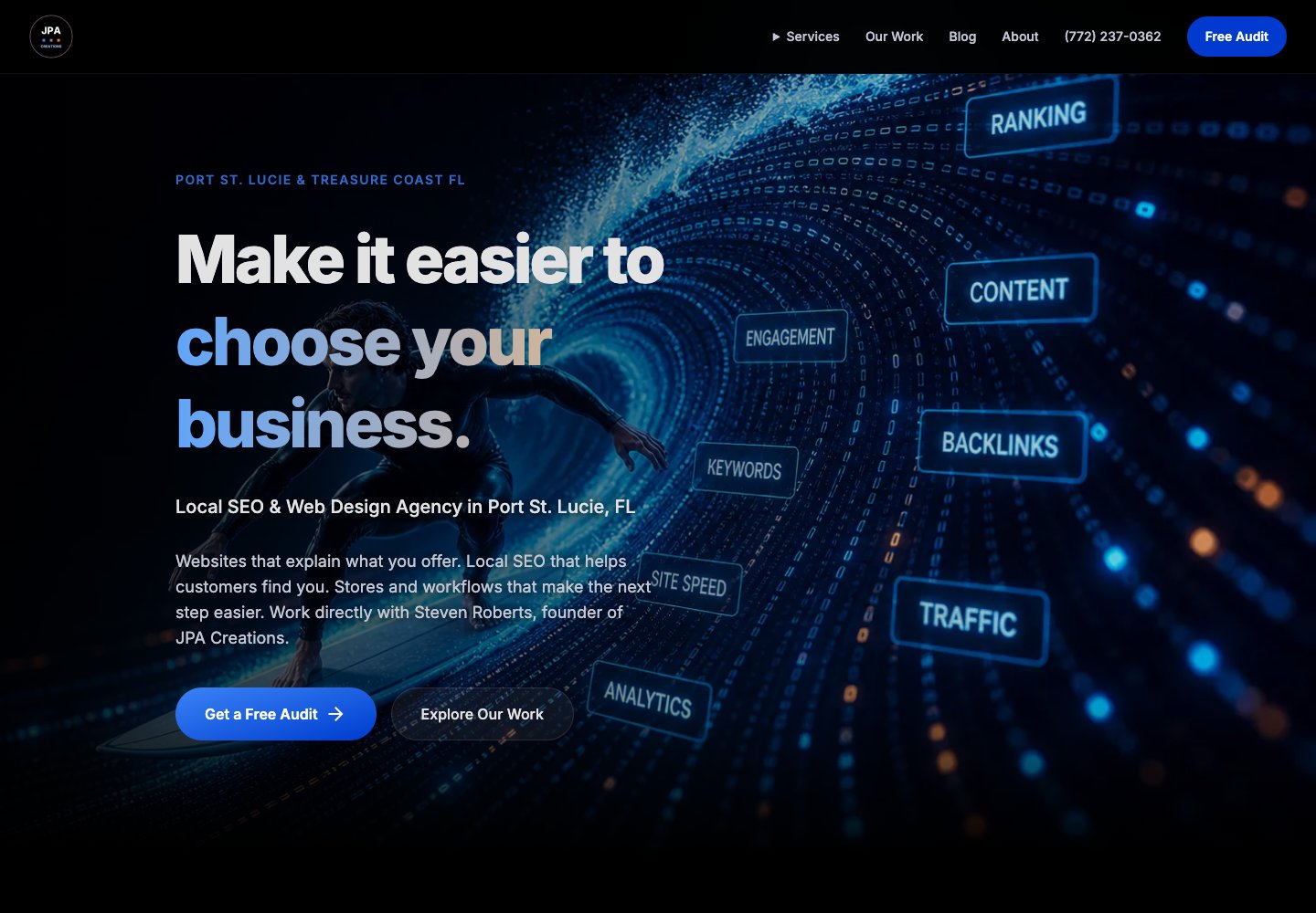 JPA Creations homepage on desktop, with its business message and paths to an audit or project details