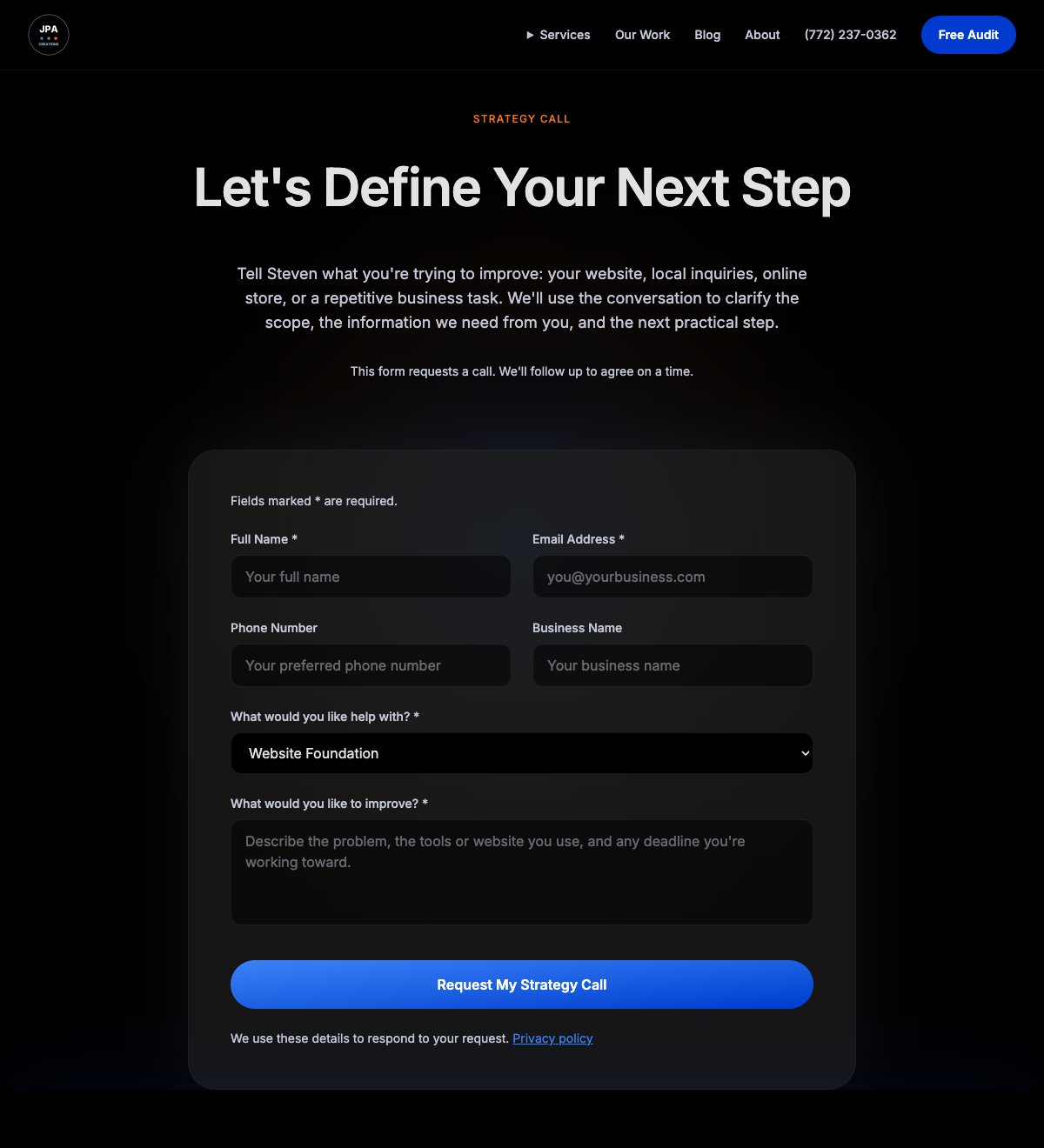 JPA strategy call request form with a service-interest selector and fields for the business owner’s goals