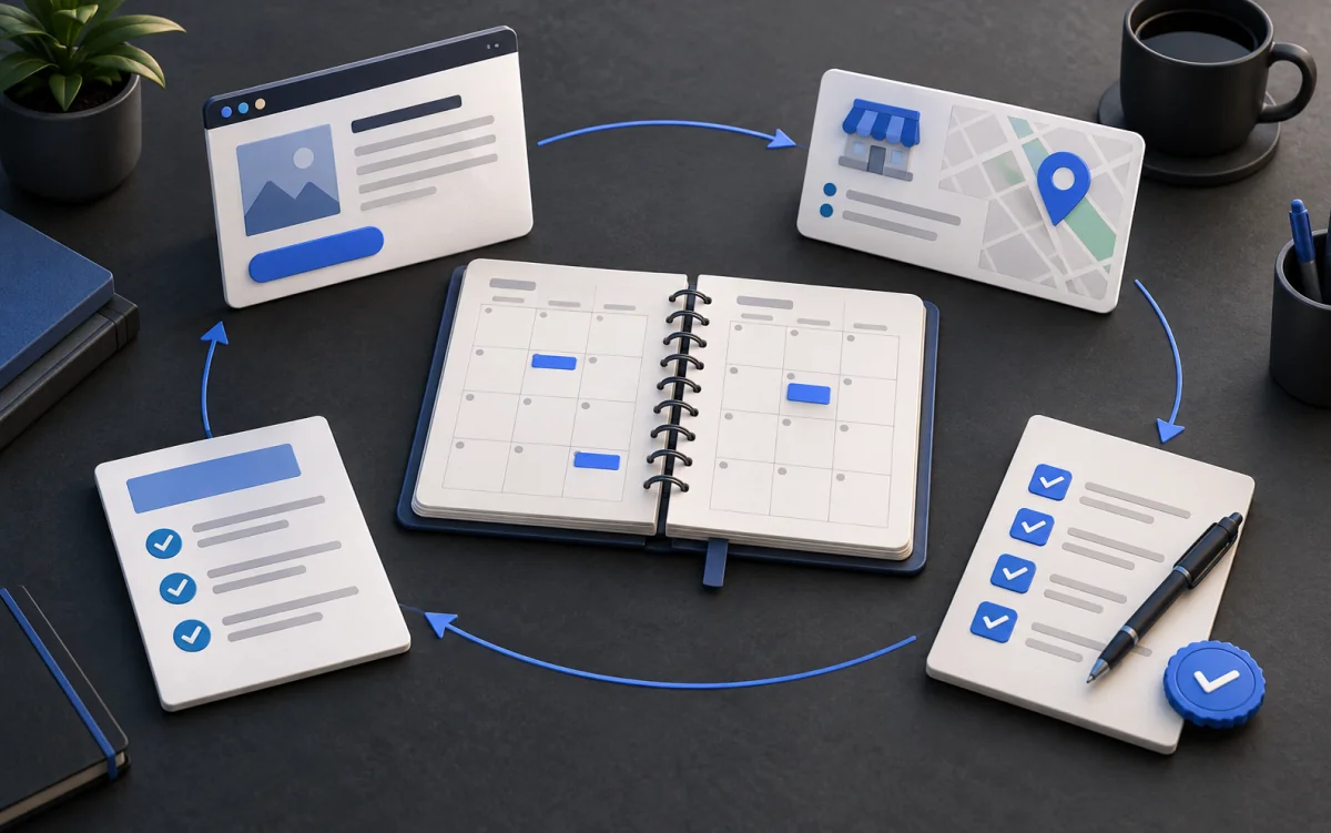 Illustrated monthly planner connecting website work, business listings, approvals, and reporting.