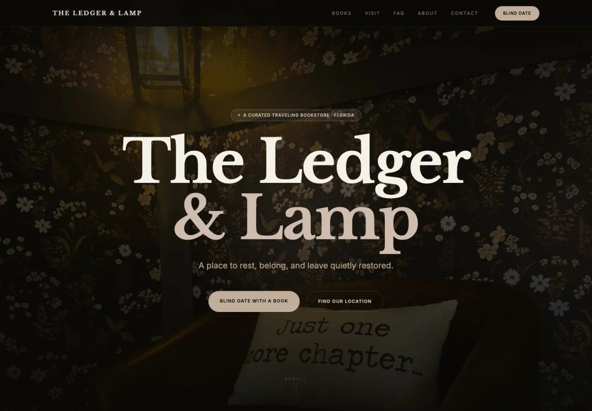 The Ledger & Lamp homepage with book, visit, and contact navigation.
